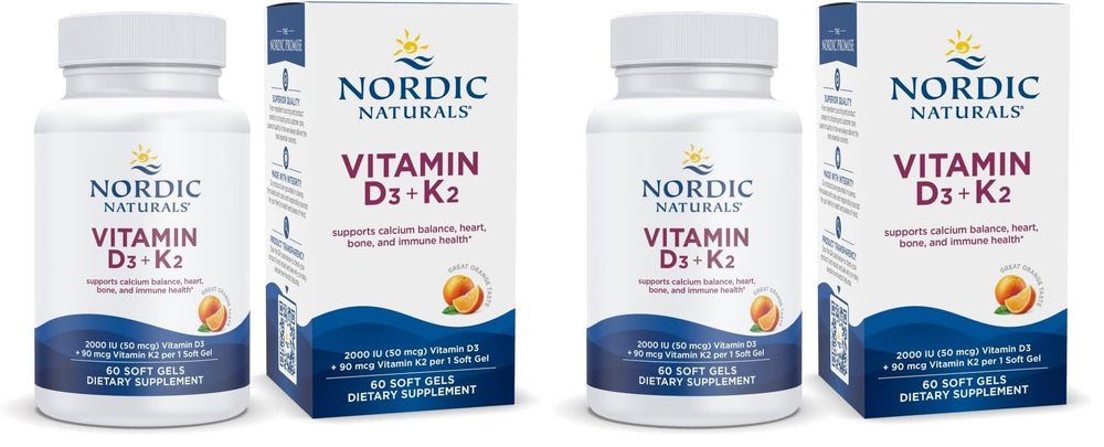 Front view of Nordic Naturals Vitamin D3 + K2 orange flavor soft gels bottle