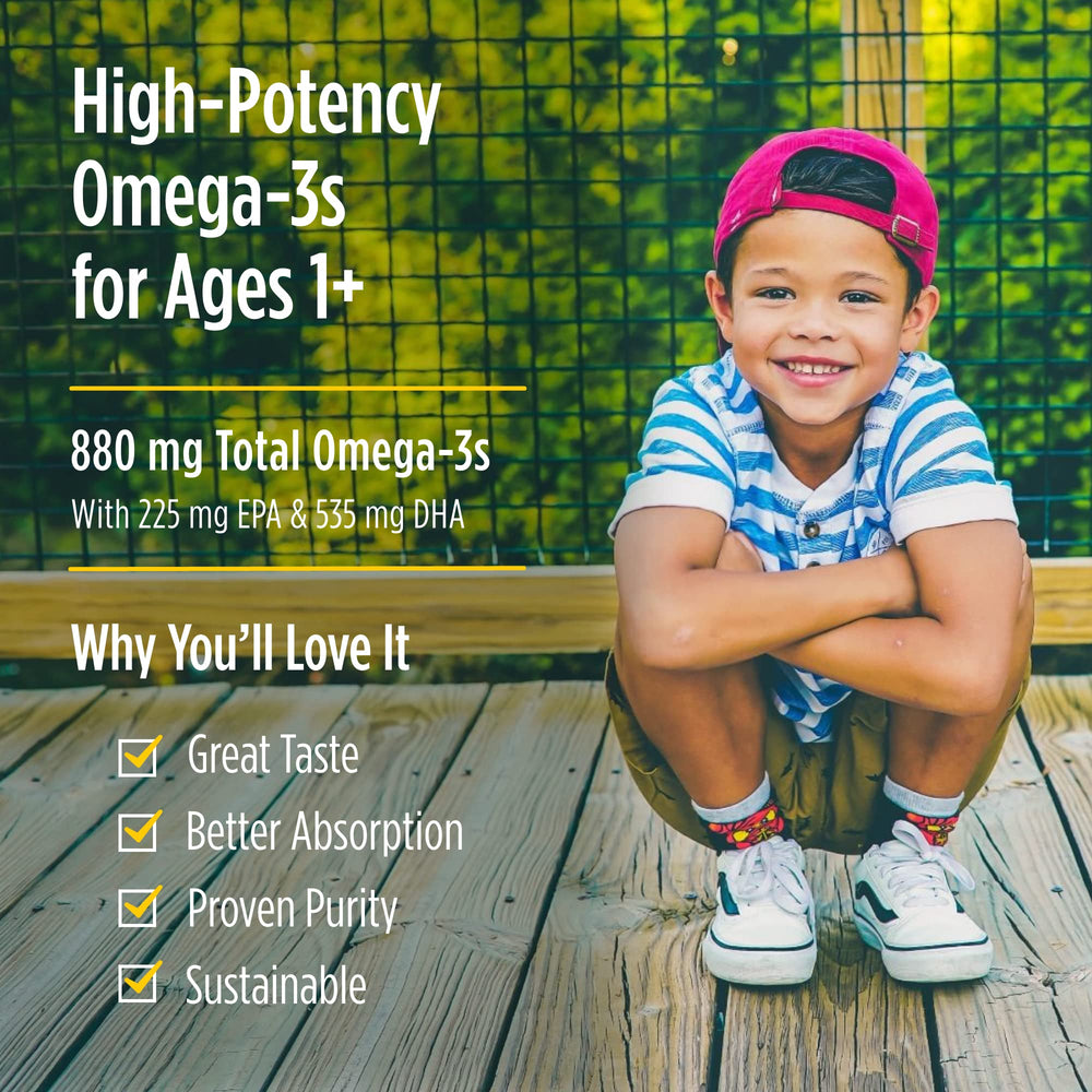 Label highlighting 880 mg omega-3s per serving (EPA & DHA)