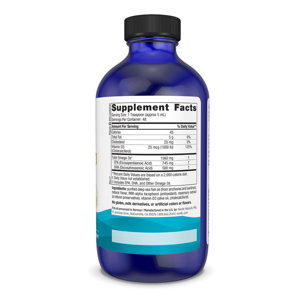 Label showing 1000 IU Vitamin D3 on Nordic Naturals Omega-3D Lemon Flavor