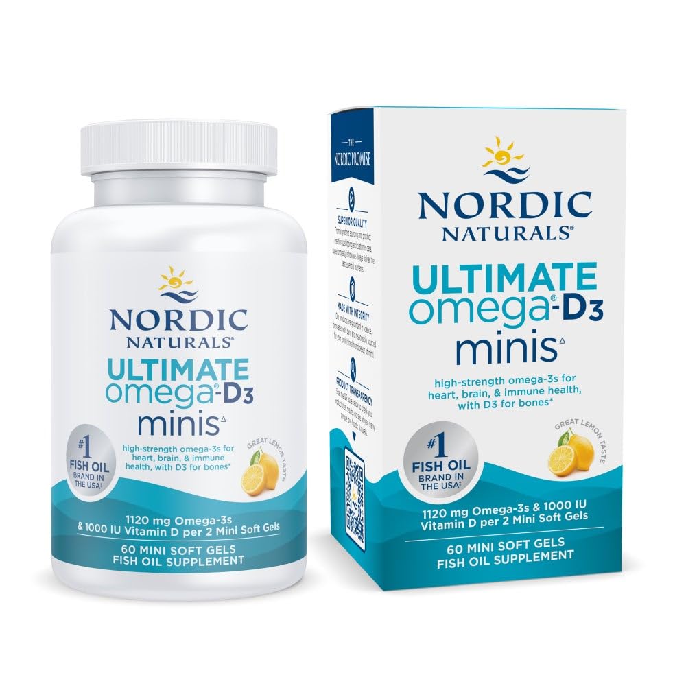 Hero image: Nordic Naturals Ultimate Omega Mini D3 Lemon bottle with 60 soft gels