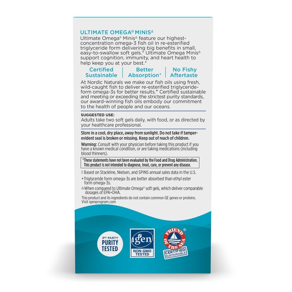 Nutrition facts panel on Omega Minis bottle