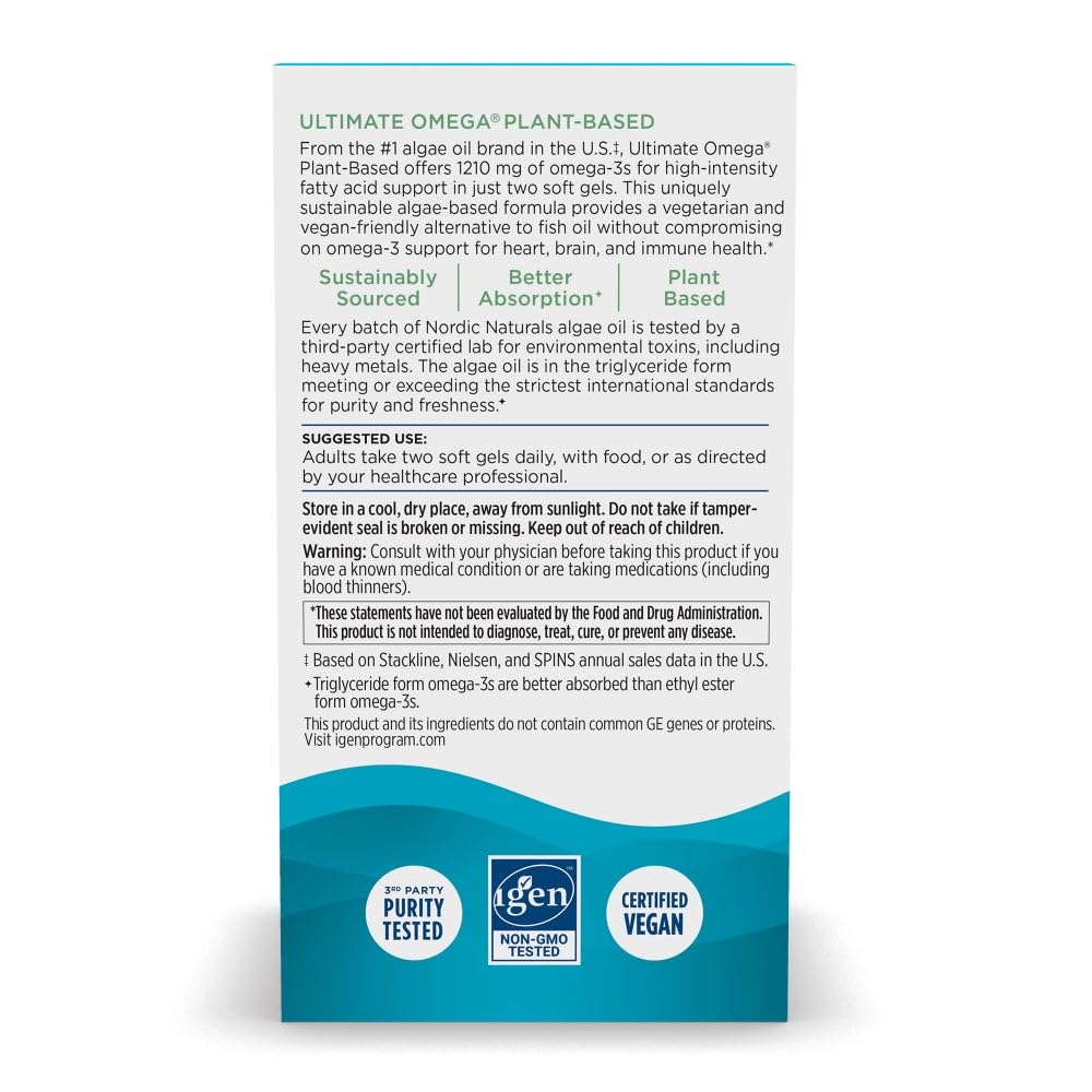 Nutrition label highlighting EPA and DHA from algae