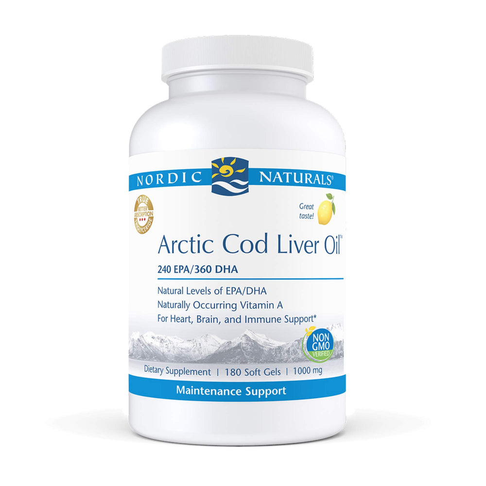 Nordic Naturals Pro Arctic Cod Liver Oil Lemon bottle front highlights lemon flavor and omega-3 support