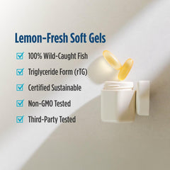 Lemon slice beside Ultimate Omega 2X soft gels emphasizes flavor