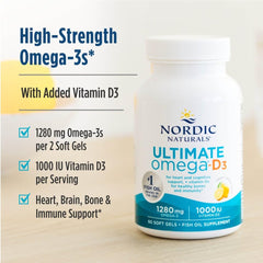 Nordic Naturals Ultimate Omega-D3 lemon soft gels on counter with dosing idea