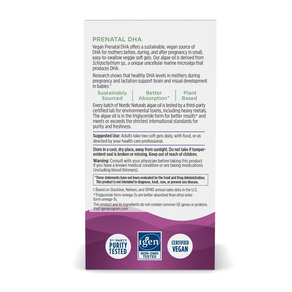 Nutrition panel showing 500 mg plant-based DHA per serving