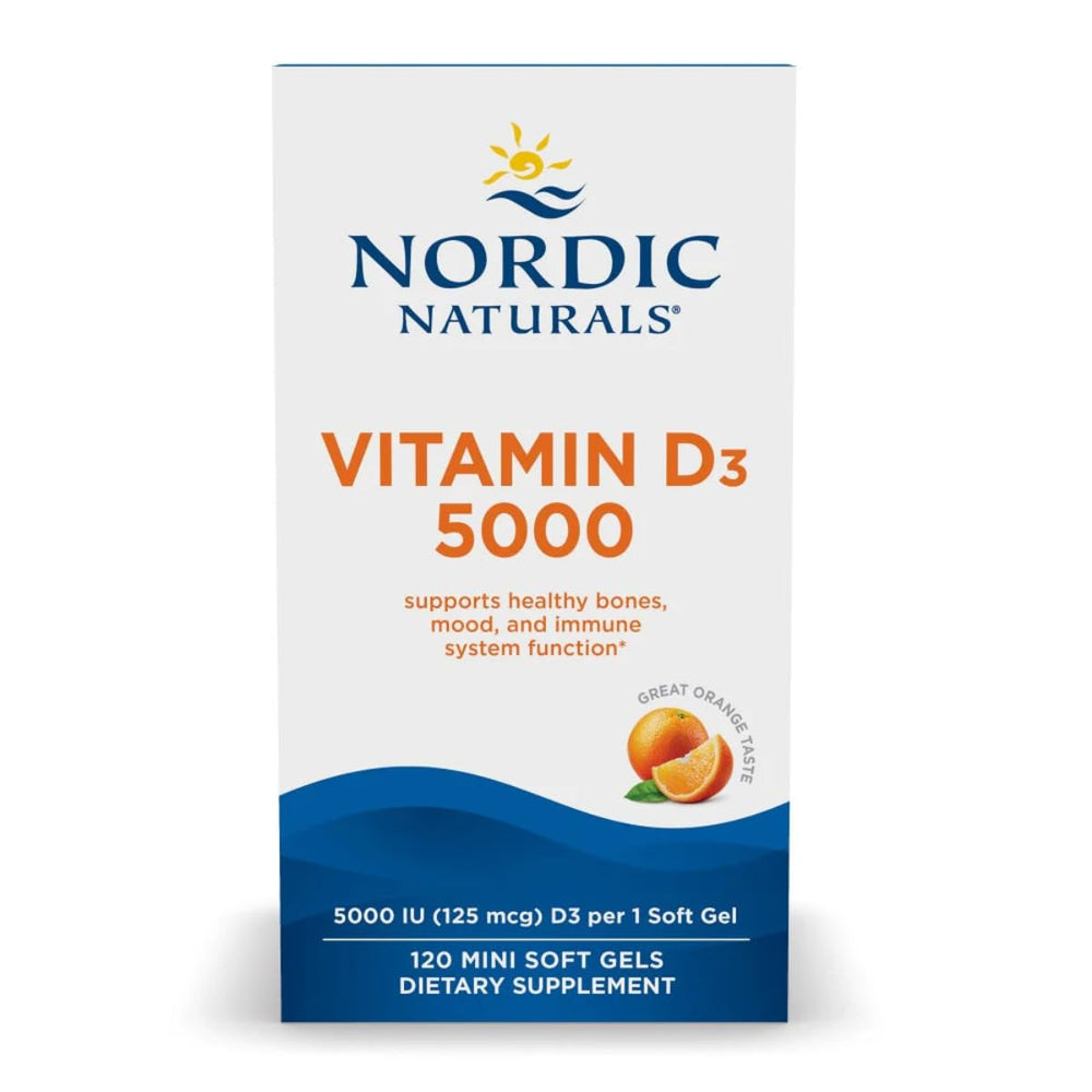 Nordic Naturals Vitamin D3 5000 Orange Mini Soft Gels bottle close-up