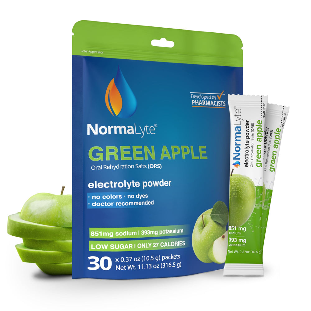 NormaLyte Apple packets on outer packaging for convenient on-the-go hydration.