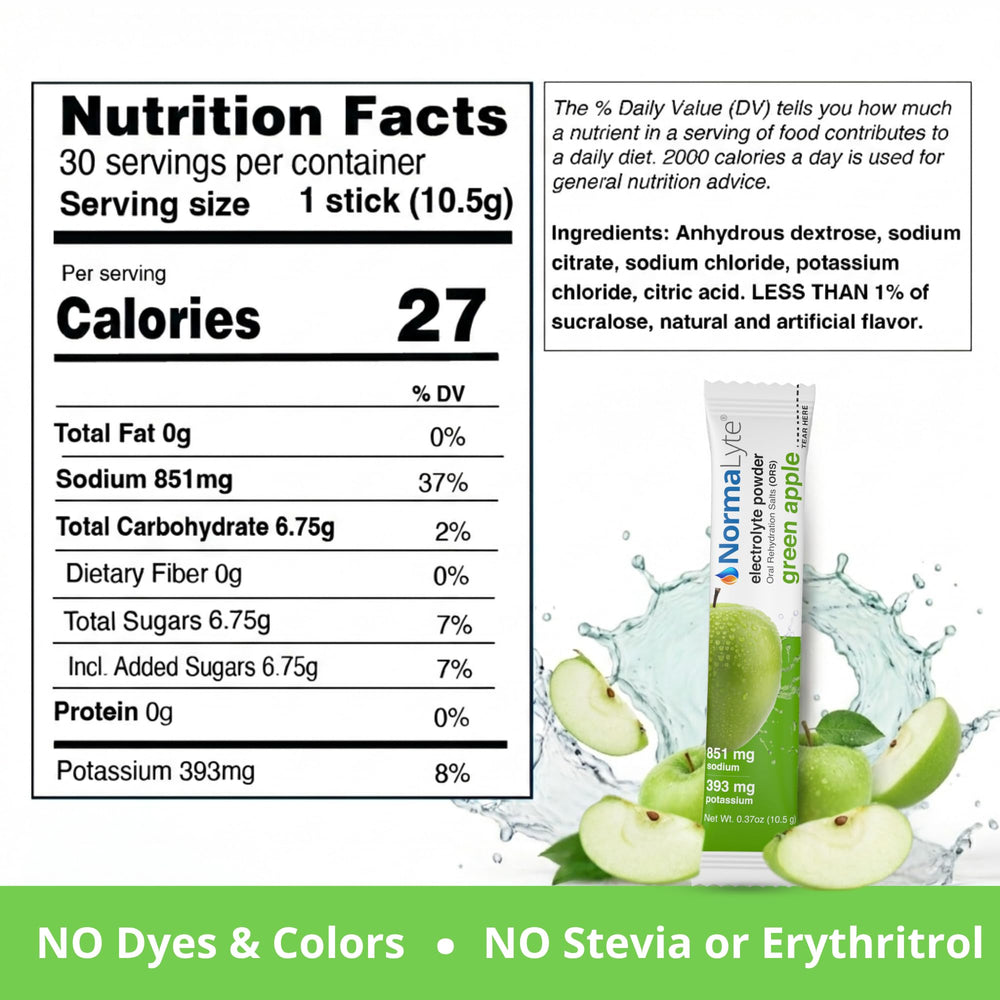 NormaLyte Apple powder dissolving into water for quick hydration preparation.