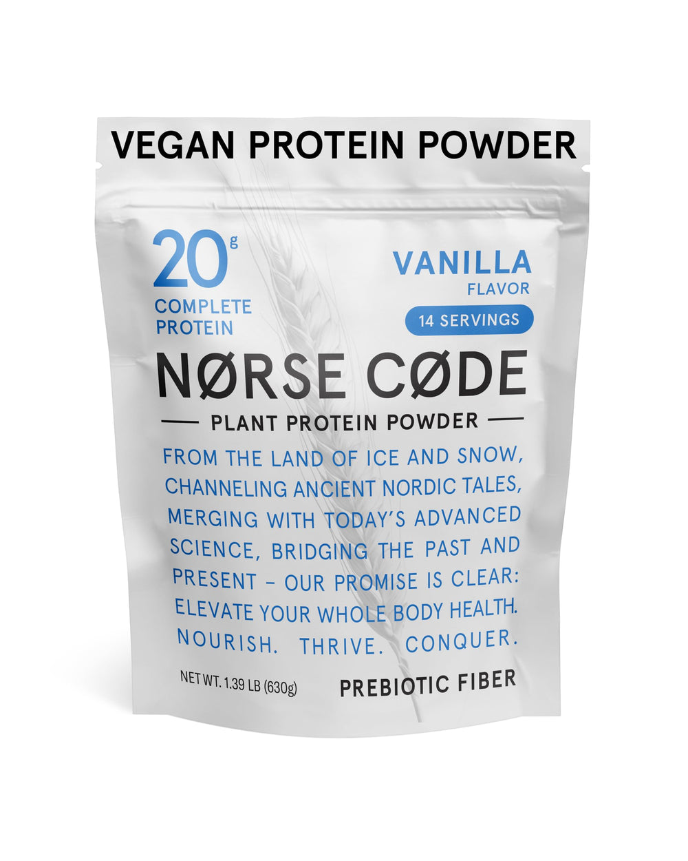 Front view of NØRSE CØDE Vanilla Plant-Based Protein Powder container