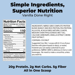 Scoop measuring 20g of vanilla protein powder