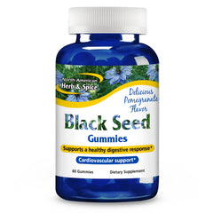 North American Herb & Spice Black Seed Gummies bottle with Pomegranate flavor