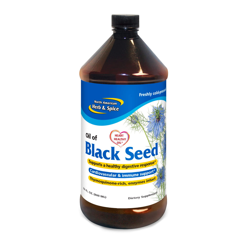 Front view of North American Herb & Spice Black Seed Oil 32 fl oz bottle