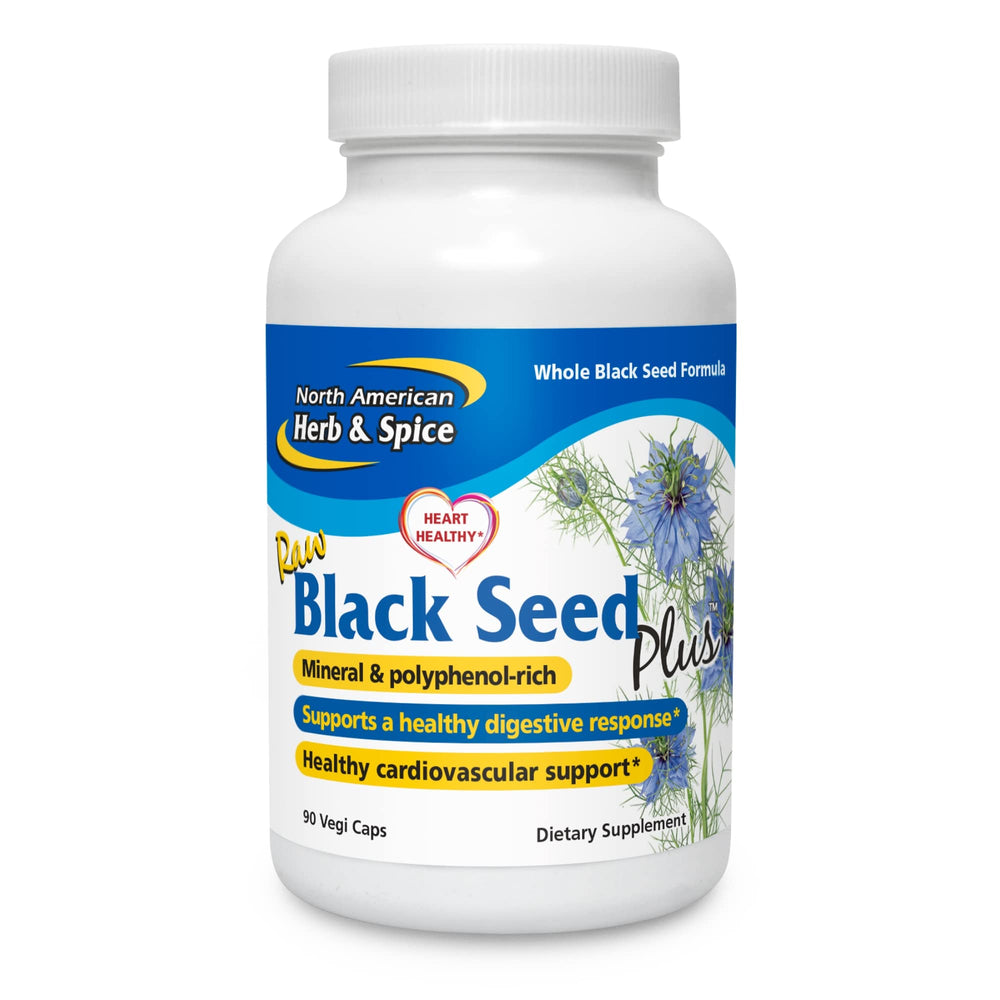 Front view of North American Herb and Spice Black Seed Plus bottle