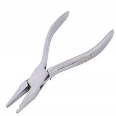 Close-up of nose pad adjusting pliers gripping eyeglass nose pad