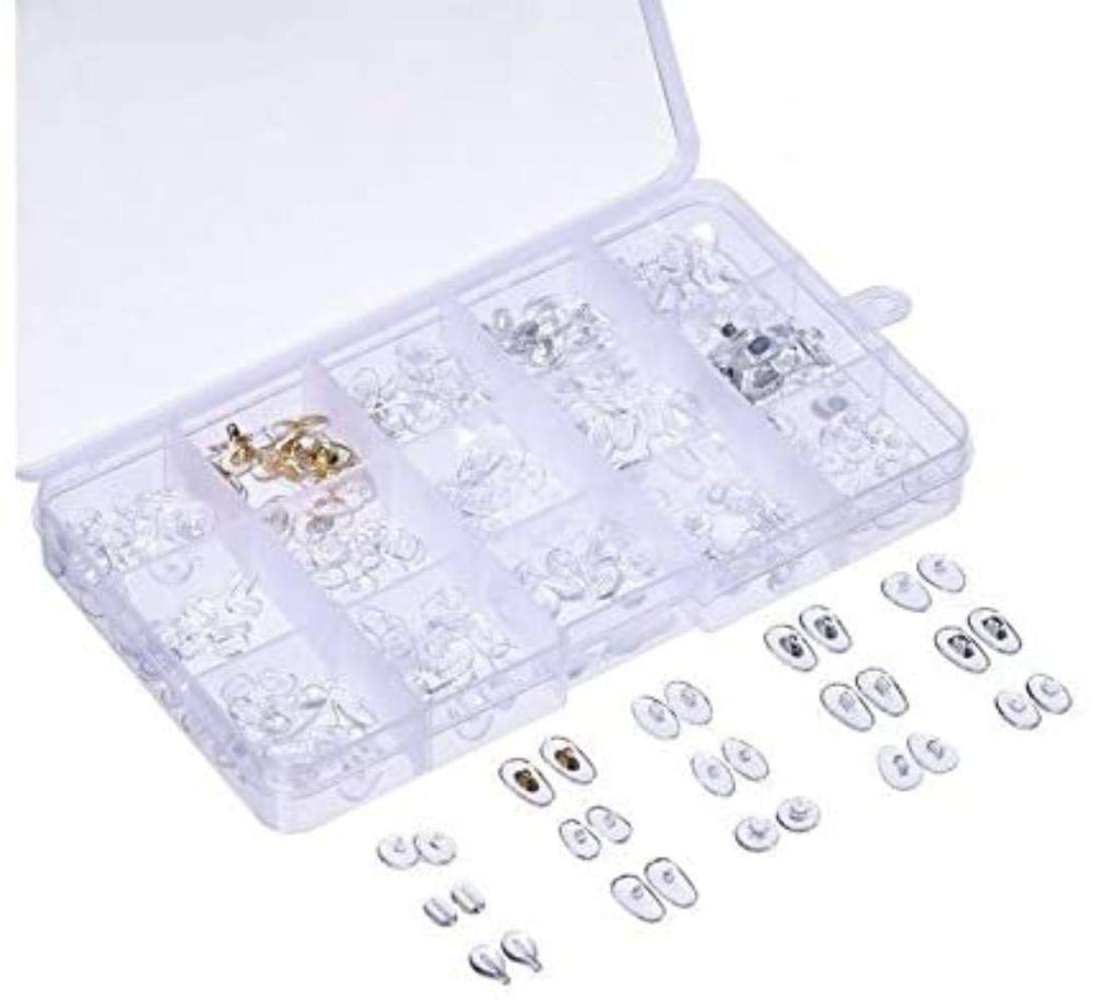 Plastic storage case displaying 15 nose pad styles for eyeglasses