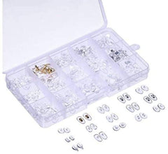 Plastic storage case displaying 15 nose pad styles for eyeglasses