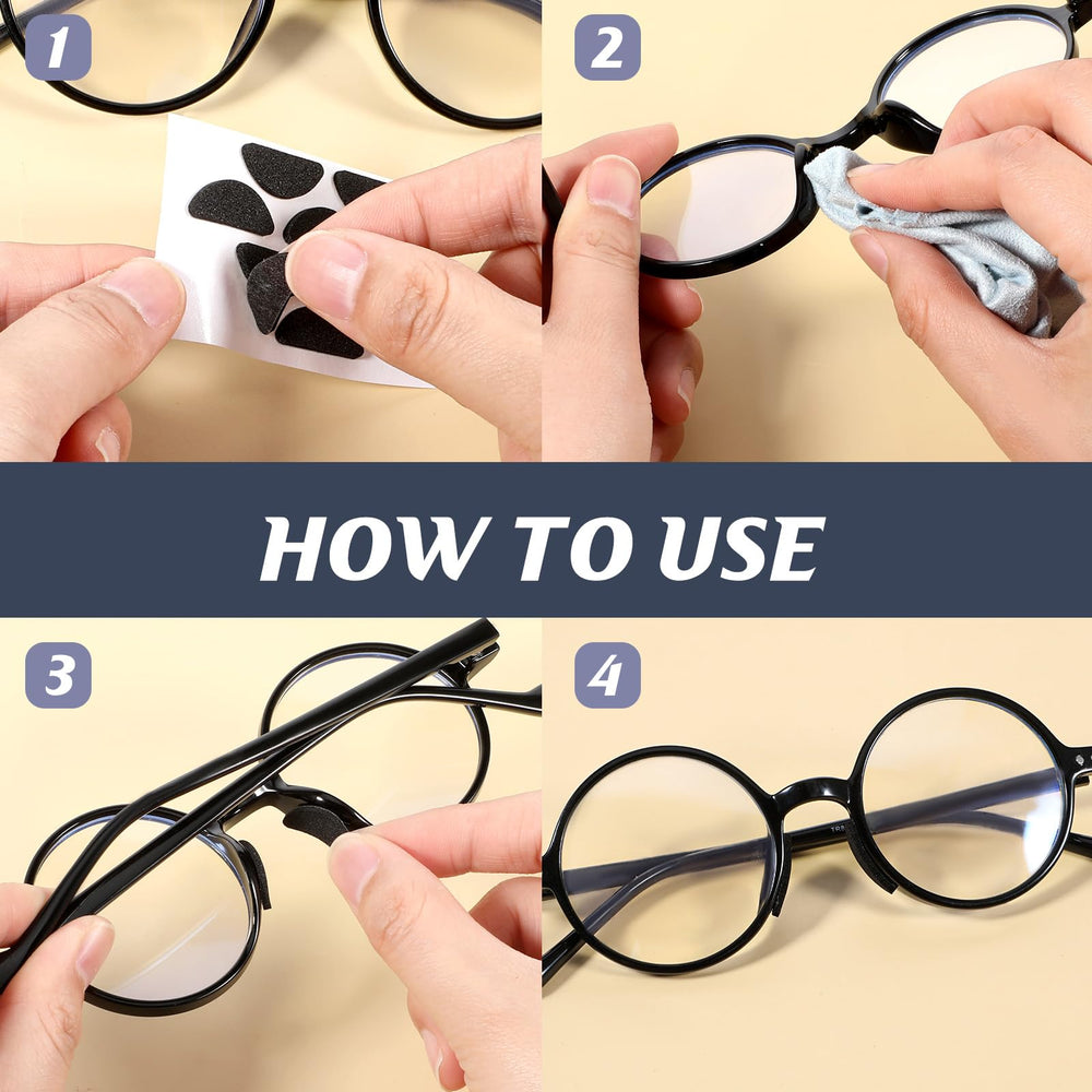 Nose pads being applied to a glasses frame