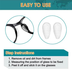 Nose pads installed on a pair of prescription glasses