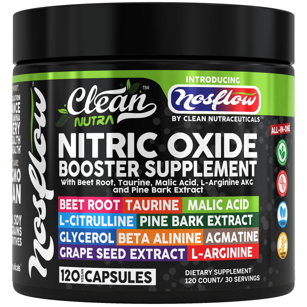 NosFlow Nitric Oxide supplement bottle for men with beet root and L-arginine