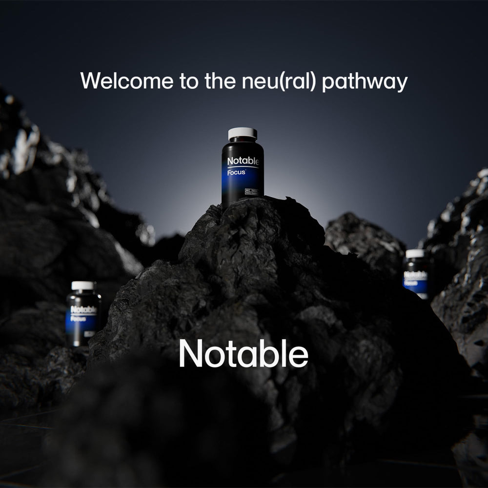 Notable Focus bottle showing 60 capsules and storage guidance