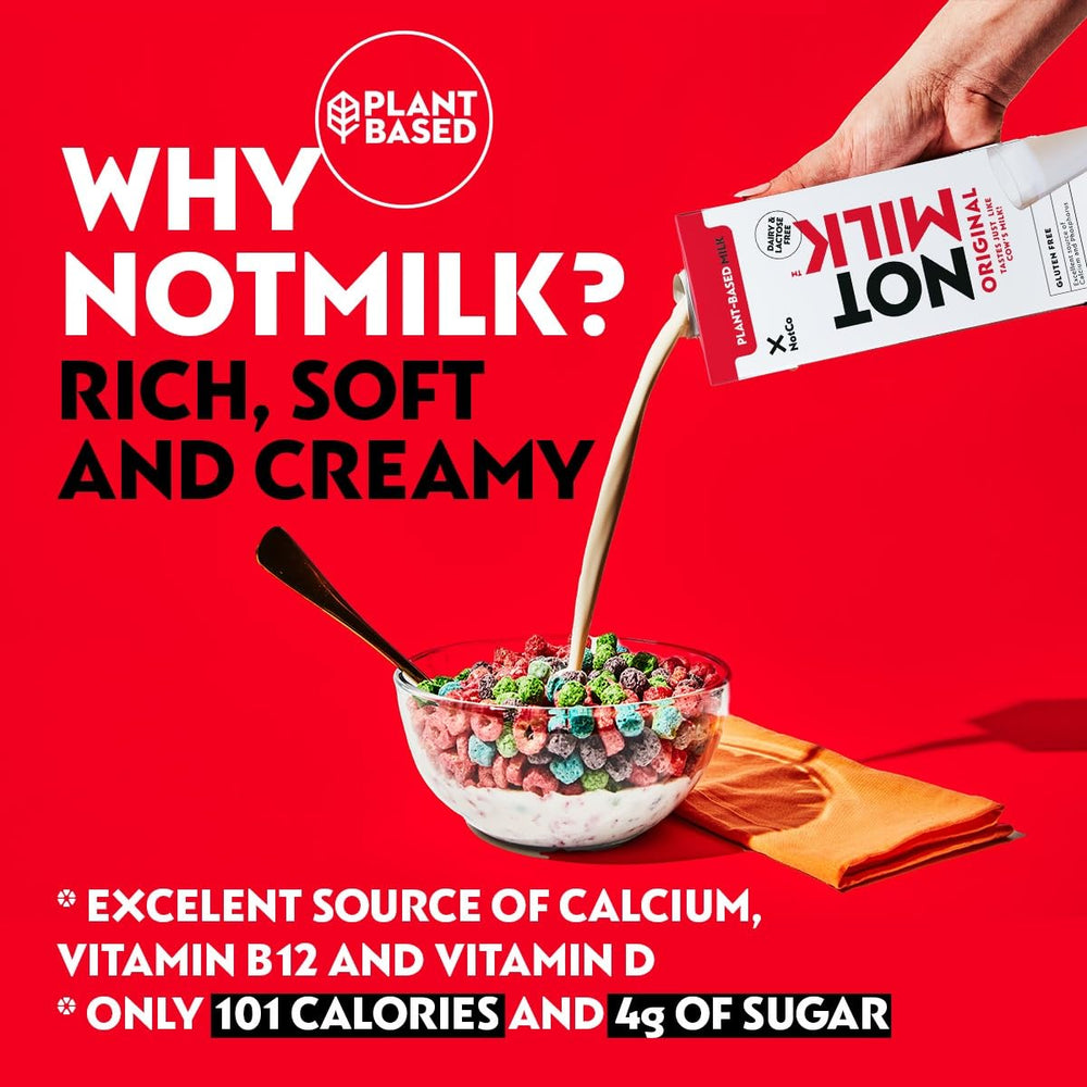 NotMilk Original creamy pour into glass highlighting dairy-free texture.