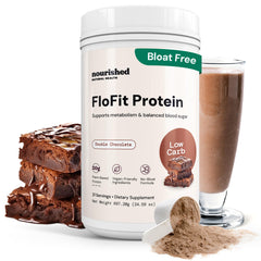 Nourished Natural Health FloFit scoop in shaker highlights convenient protein for busy mornings