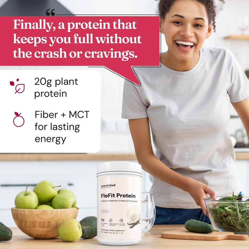 Nourished Natural Health FloFit Pea Protein Vanilla Shake shows creamy versatile flavor.