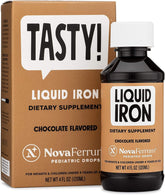 NovaFerrum Tasty liquid iron bottle showing chocolate flavor and 120 servings