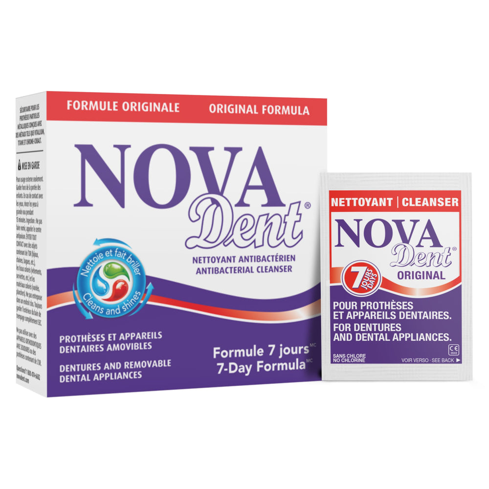 Novadent Dentures Cleaner sachets and cup on white background