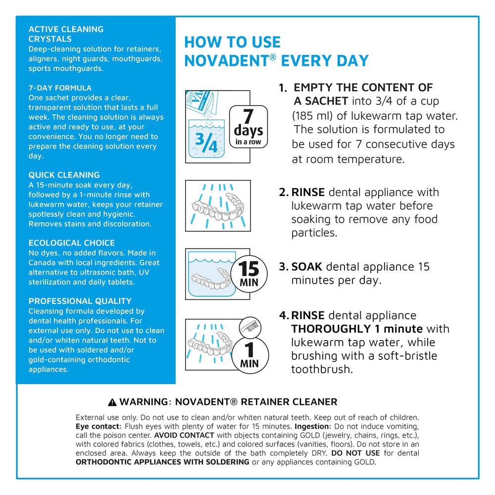 Daily 15-minute soak with Novadent Retainer Cleaner