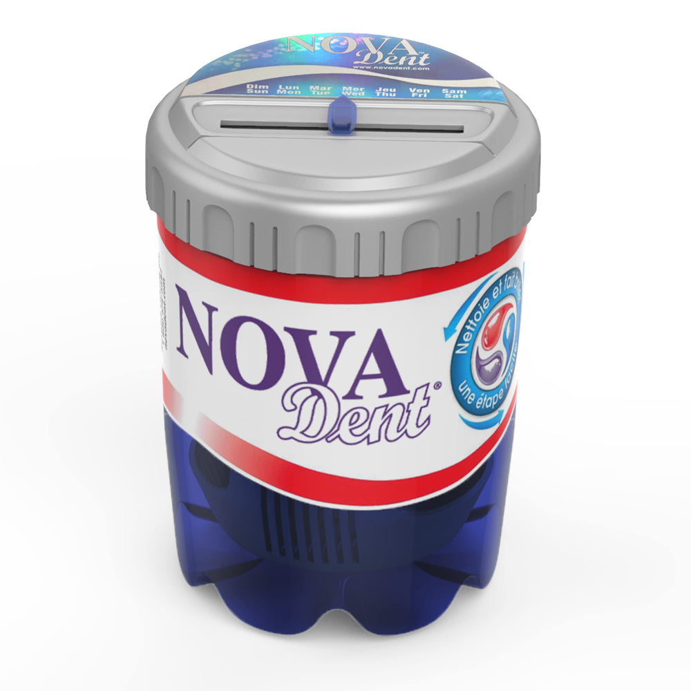 Novadent soaking bath cleaning container with day reminder lid and microfilter basket