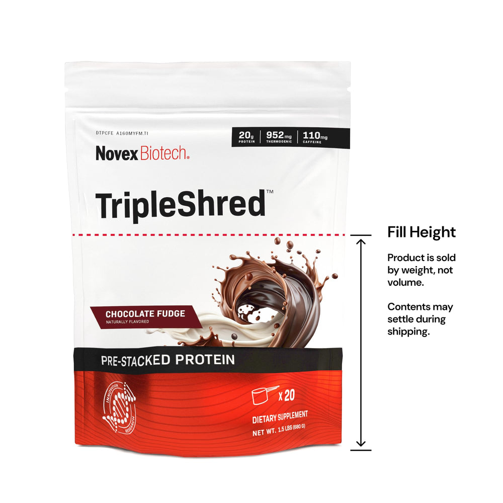 Novex Biotech TripleShred packaging closeup conveys ready-to-use nutrition
