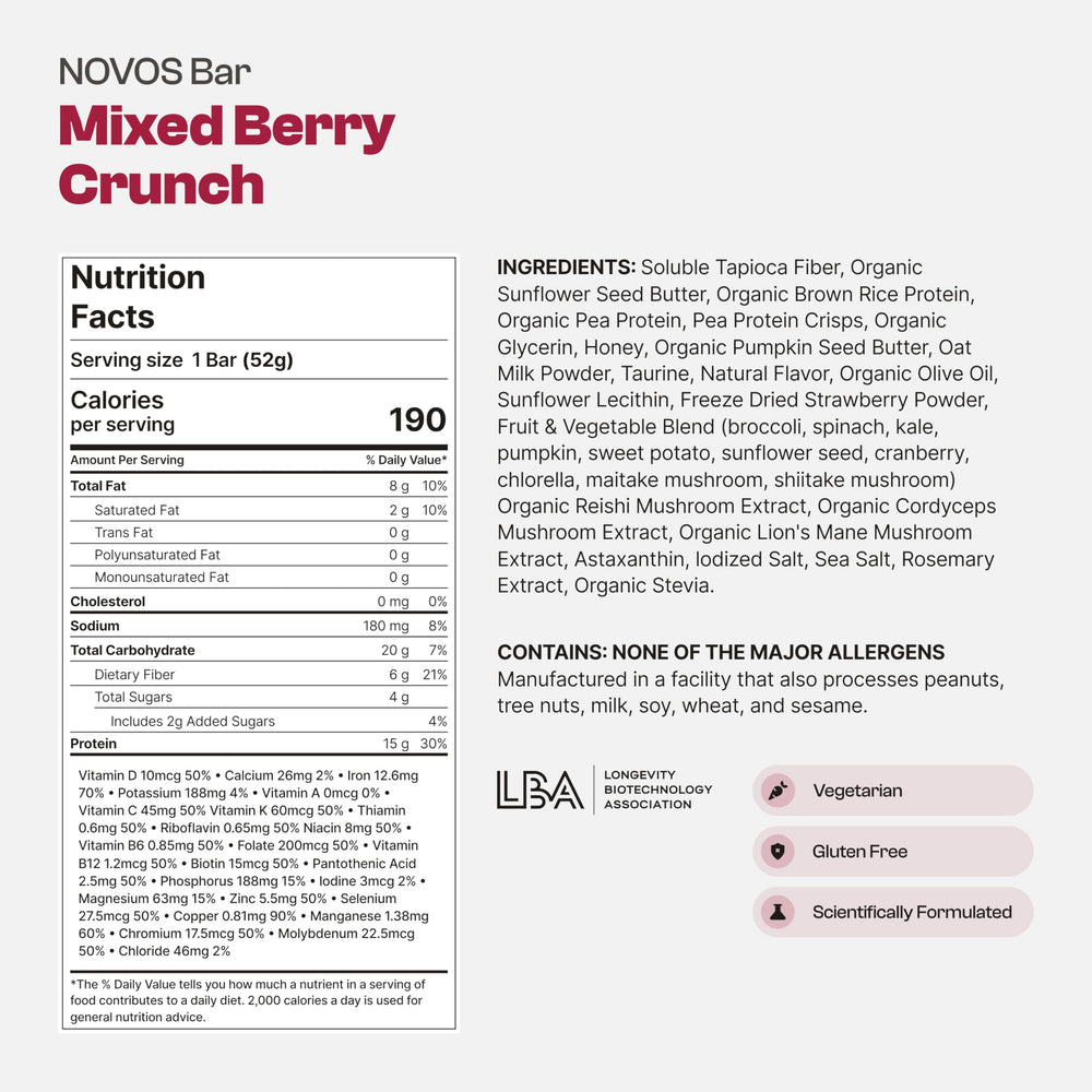 Novos Longevity Bar mixed-berry-crunch bar closeup shows berry texture and mood-support snack.