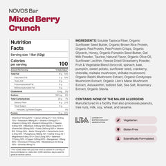 Novos Longevity Bar mixed-berry-crunch bar closeup shows berry texture and mood-support snack.