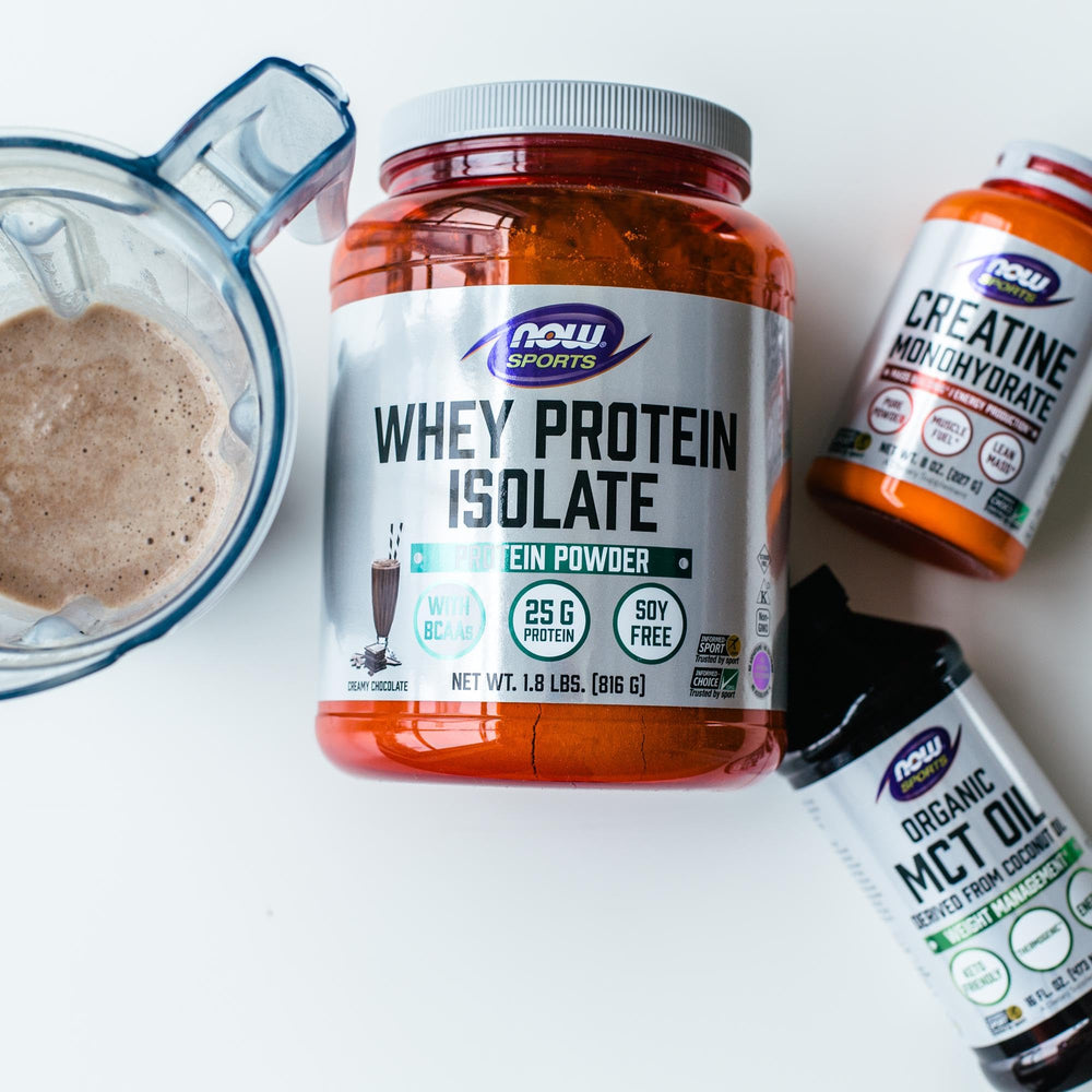 NOW L-Arginine powder ingredients and GMP quality badge