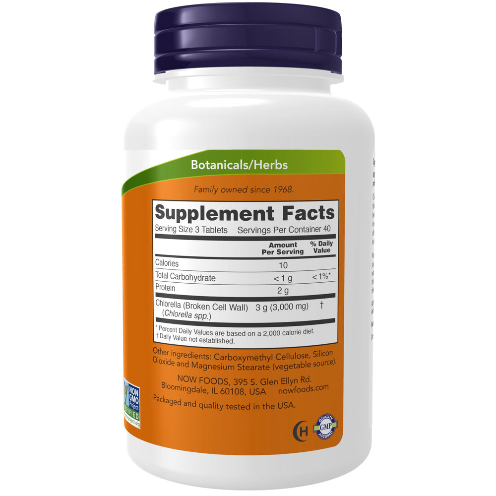 Close-up of NOW Foods Chlorella 1000 mg tablets