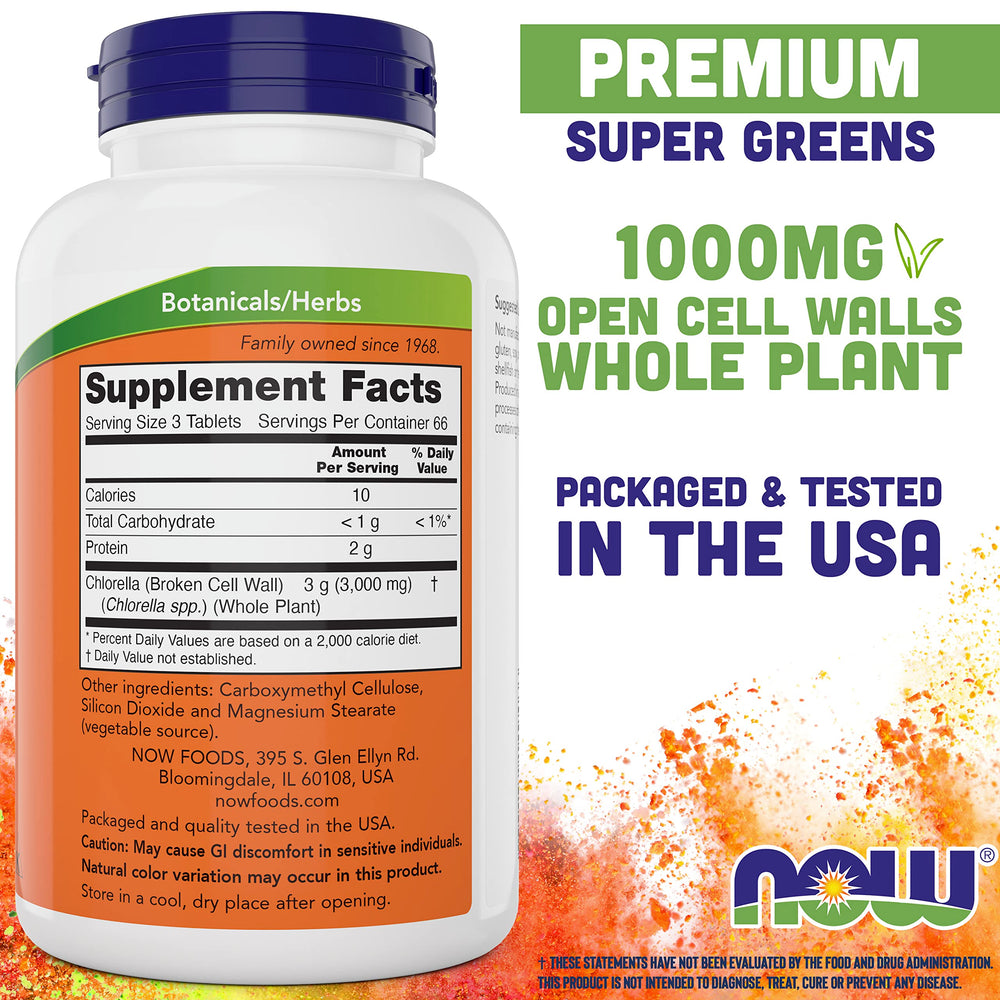 Close-up of Now Chlorella 1000 mg tablets (pack of 2) bottle