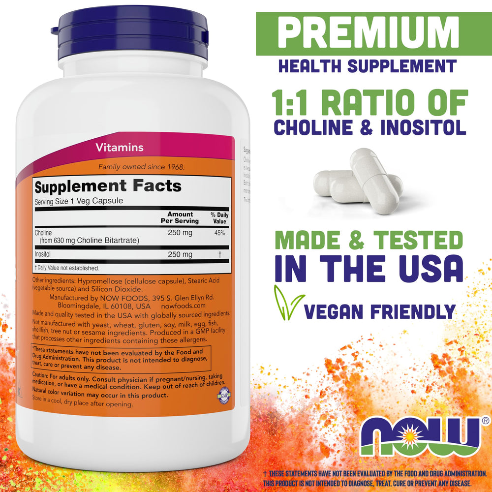 Close-up of ingredients for NOW Choline & Inositol 180-ct pack