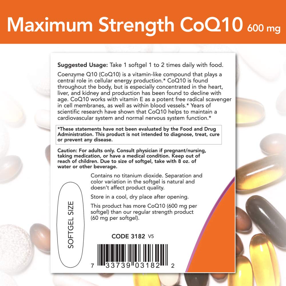 NOW CoQ10 600 mg softgel bottle back view with label