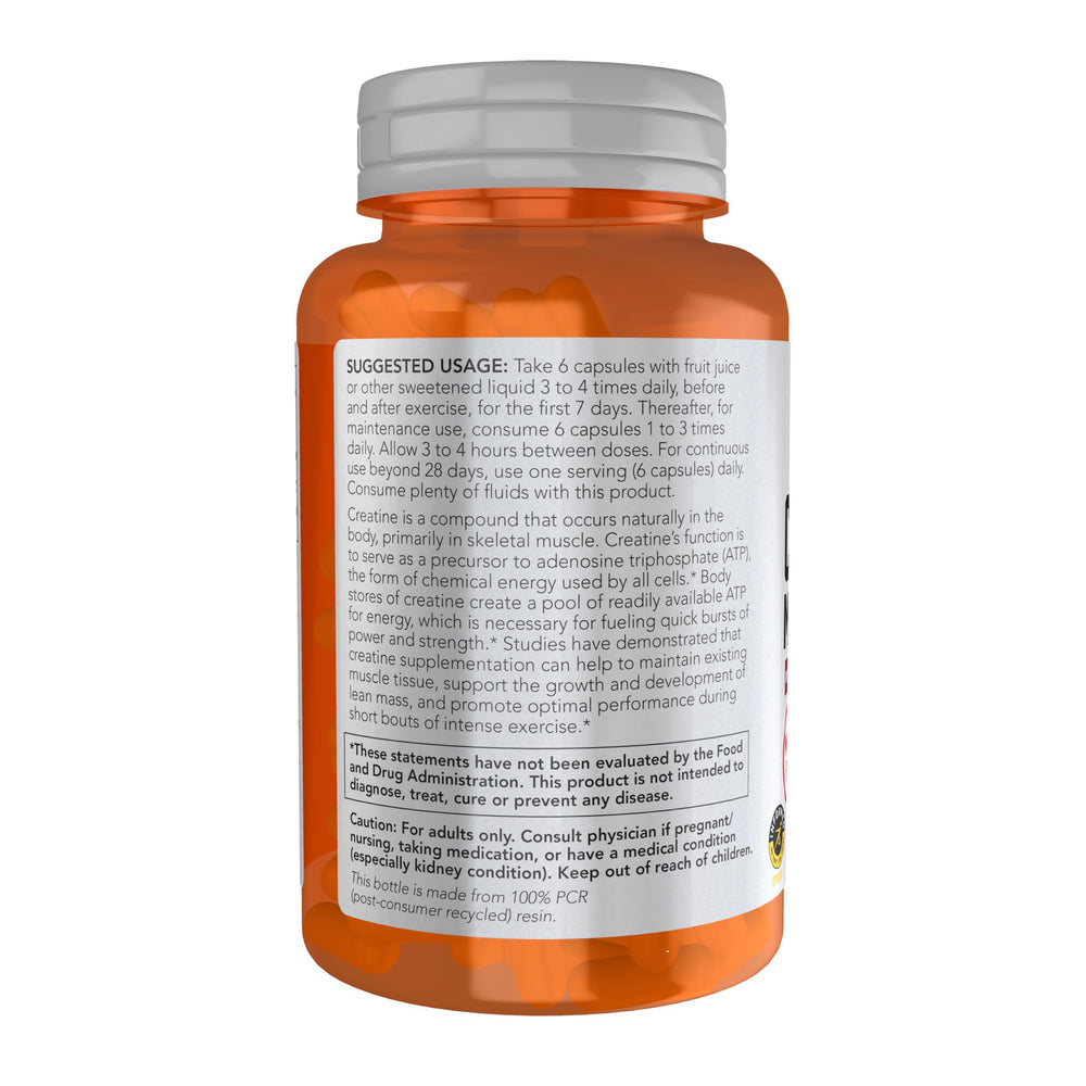 Close-up of NOW Creatine Monohydrate bottle showing 750 mg