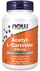 Front view of Now Foods Acetyl L-Carnitine 500 mg bottle - 100 capsules