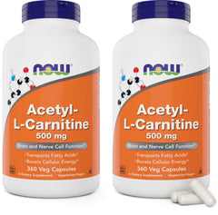 NOW Foods Acetyl L-Carnitine 500mg bottle – front view (Pack of 2)