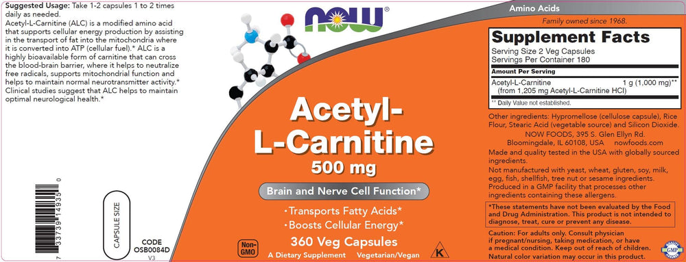 Nutrition facts panel for Acetyl L-Carnitine product