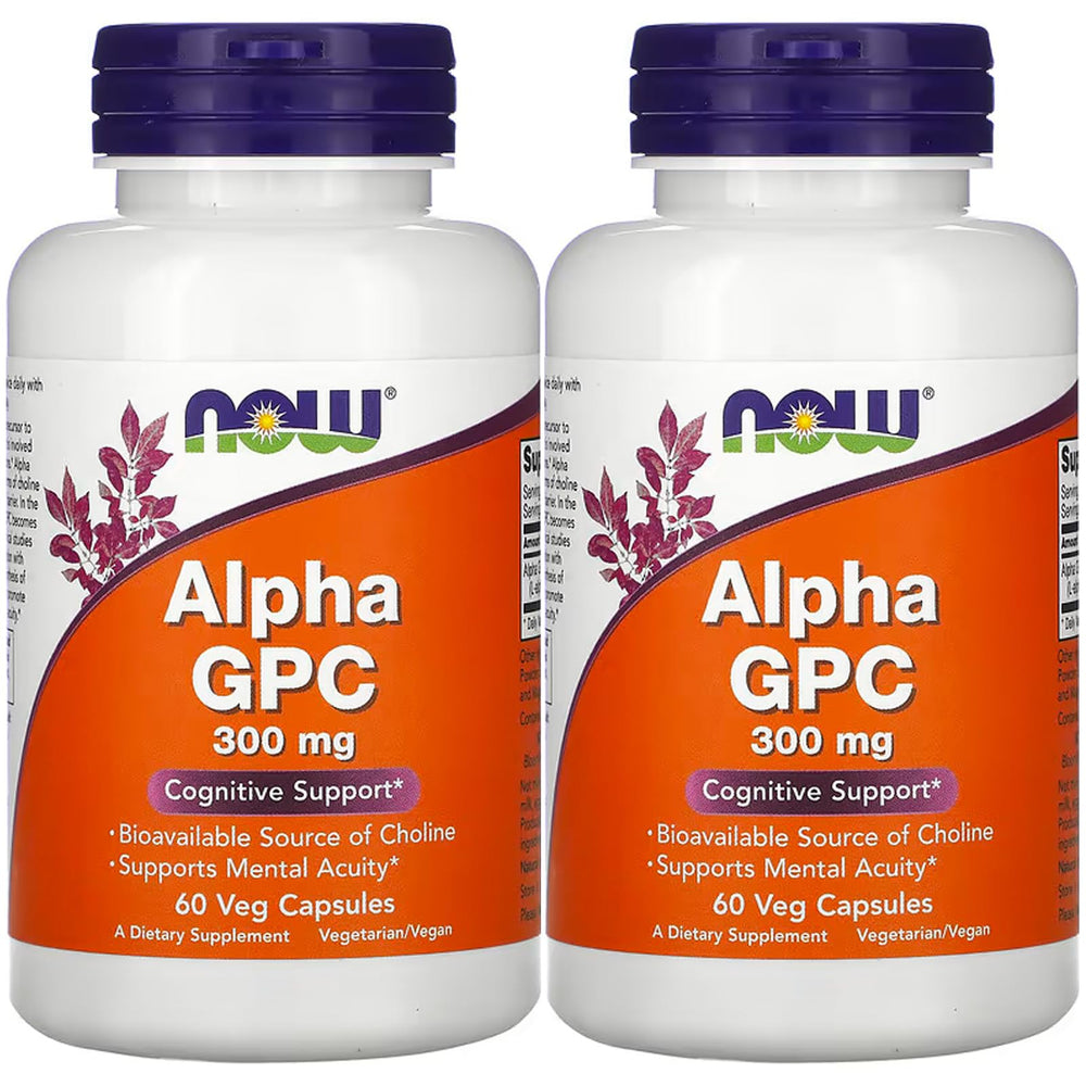 NOW Foods Alpha GPC 300 mg bottle, 2-pack with 60 vegetarian capsules per bottle