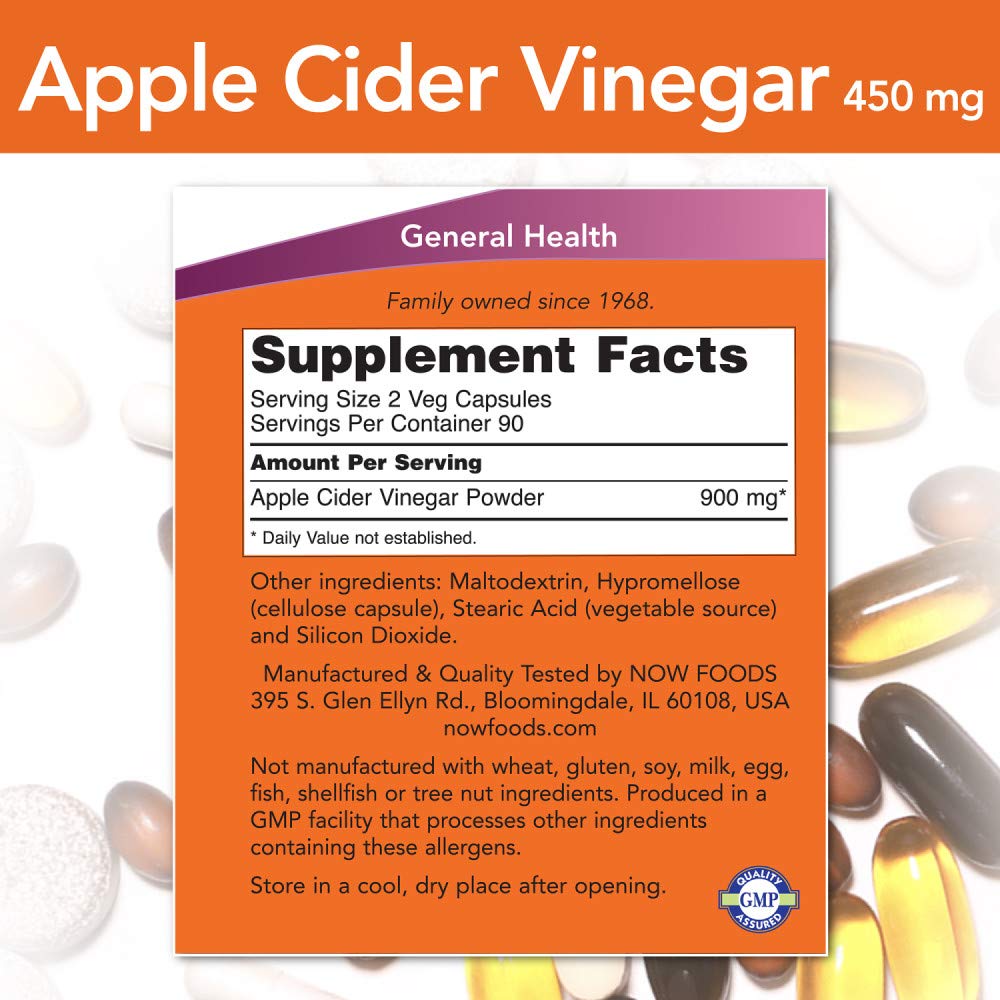 NOW Foods Apple Cider Vinegar capsules closeup highlights compact 450 mg dose for daily use.