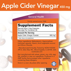 NOW Foods Apple Cider Vinegar capsules closeup highlights compact 450 mg dose for daily use.