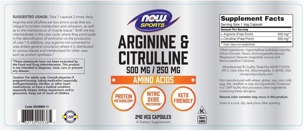 Close-up of NOW Foods Arginine and Citrulline capsules