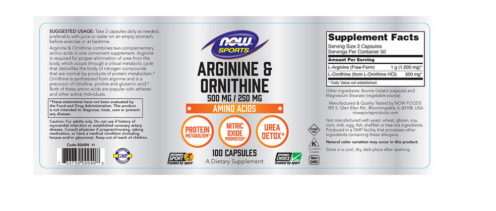 Now Foods Arginine Ornithine 100 Caps bottle on white background