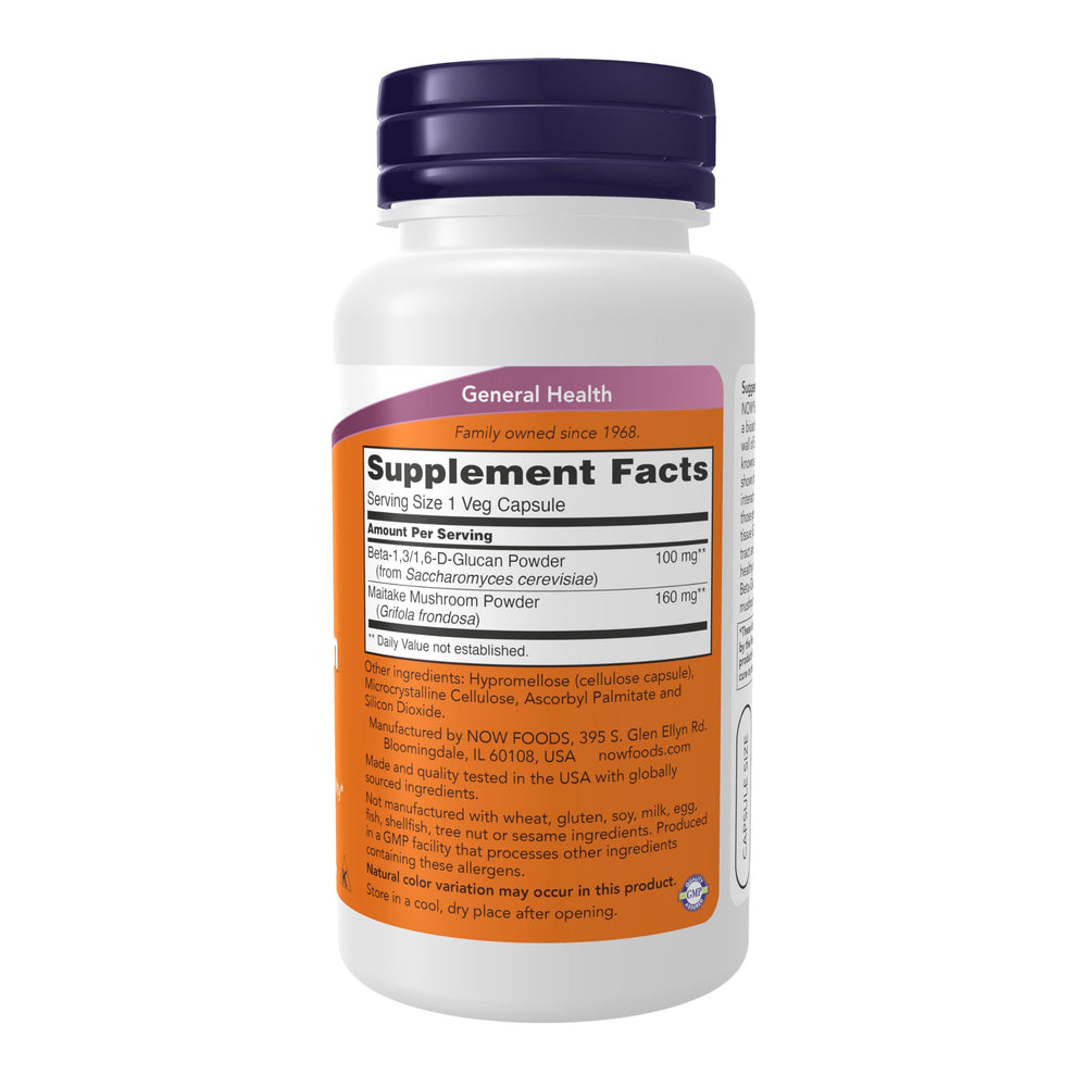 NOW Foods Beta-Glucan capsules close-up for daily immune support.